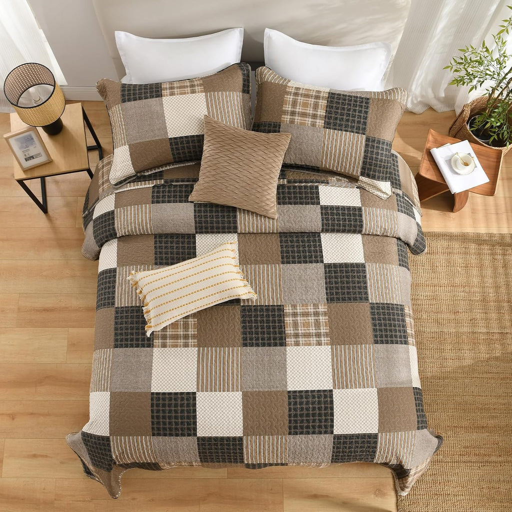 Finlonte Quilt King Size, King Quilt Set, Cotton Quilt, Farmhouse Plaid King Quilted Bedspread, Charcoal Beige Brown Lightweight Comforter Bedding Set for All Season, 3-Piece
