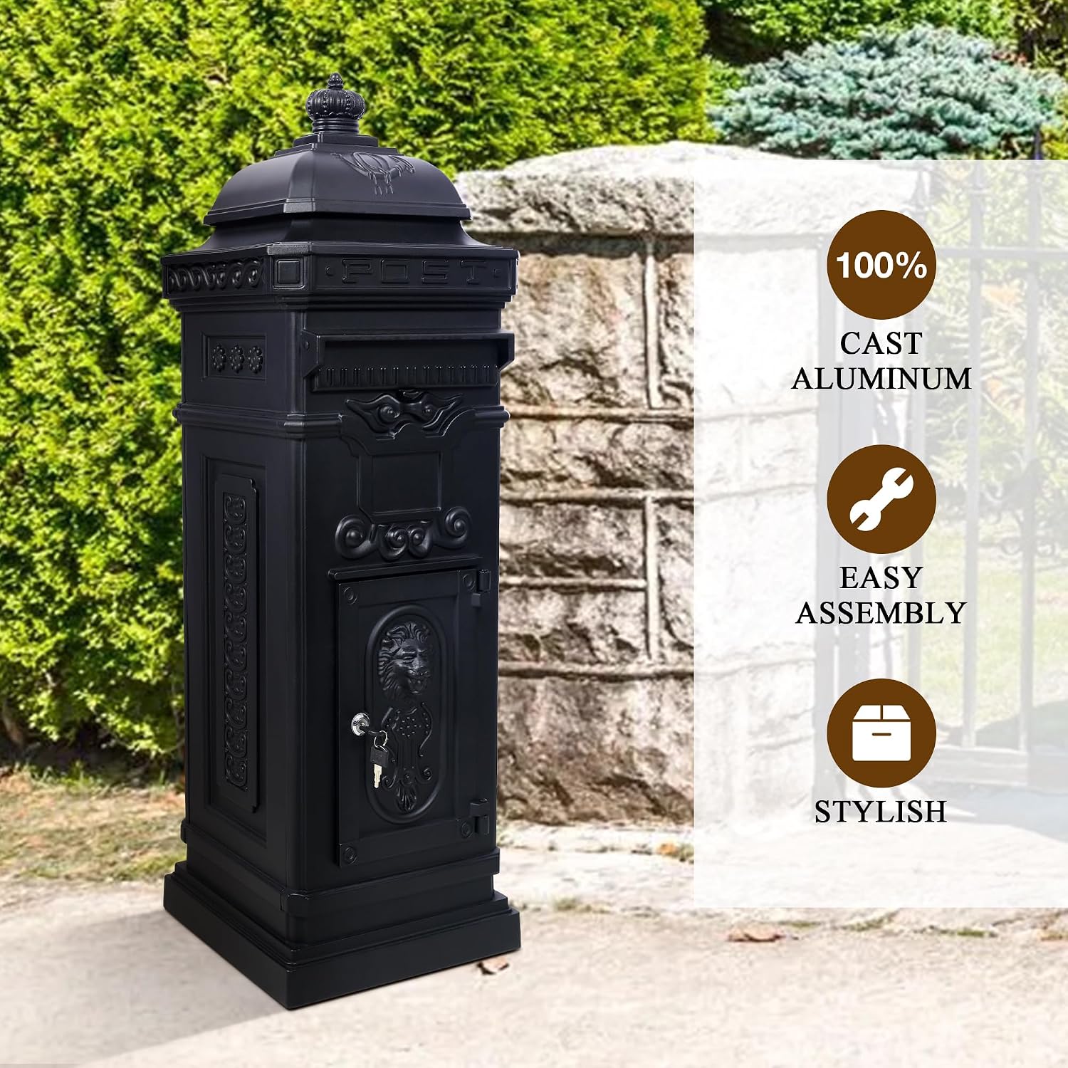 Vintage Large-Capacity Cast Aluminum Mailbox, Outdoor Weatherproof Floor Standing Postbox, Decorative Copper Finish Letter Box with Lock, Roman Column Design for Home Use (Black)