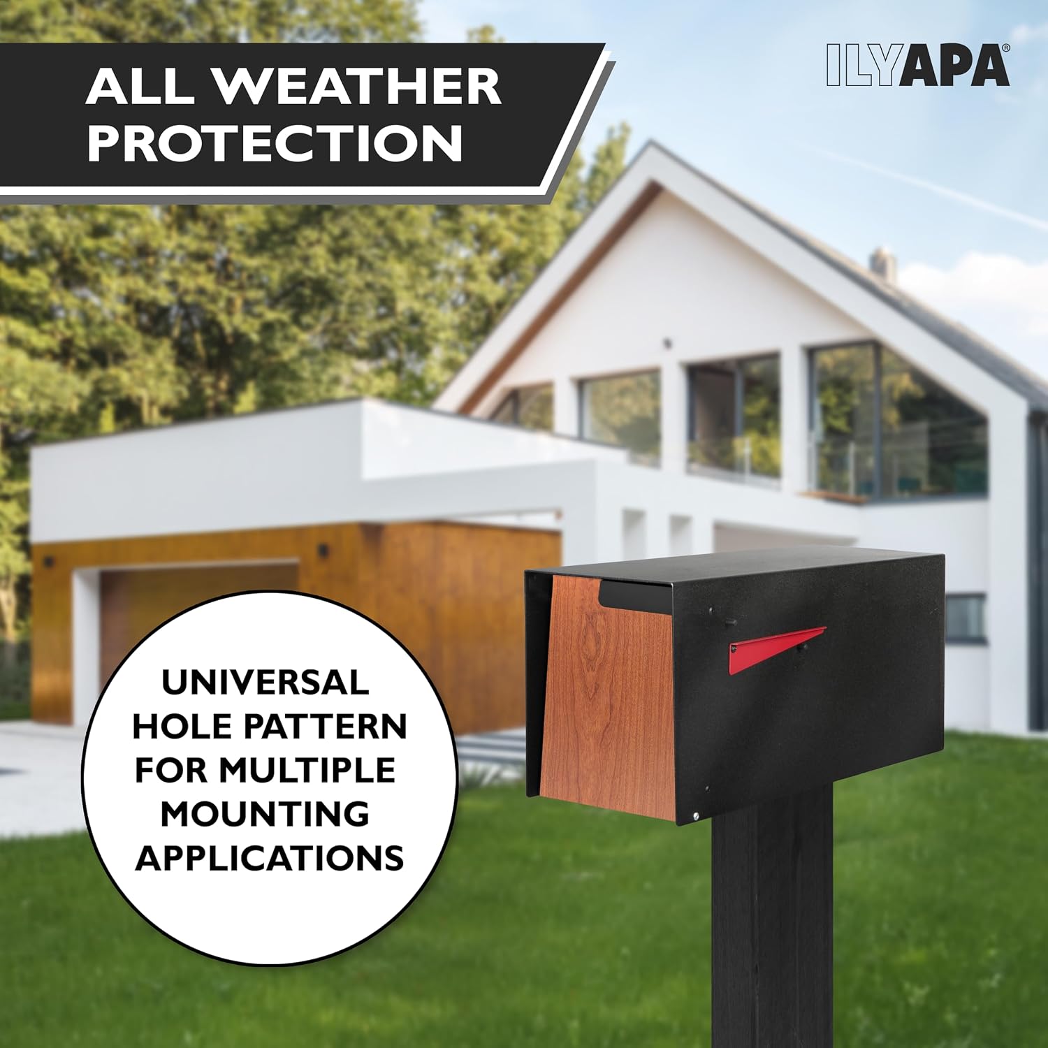 Ilyapa Modern Mailbox Post Mount - 21x8x10 Inch Black Modern Mailboxes for Outside - Heavy Duty Metal Mail Box with Printed Redwood Grain Trim