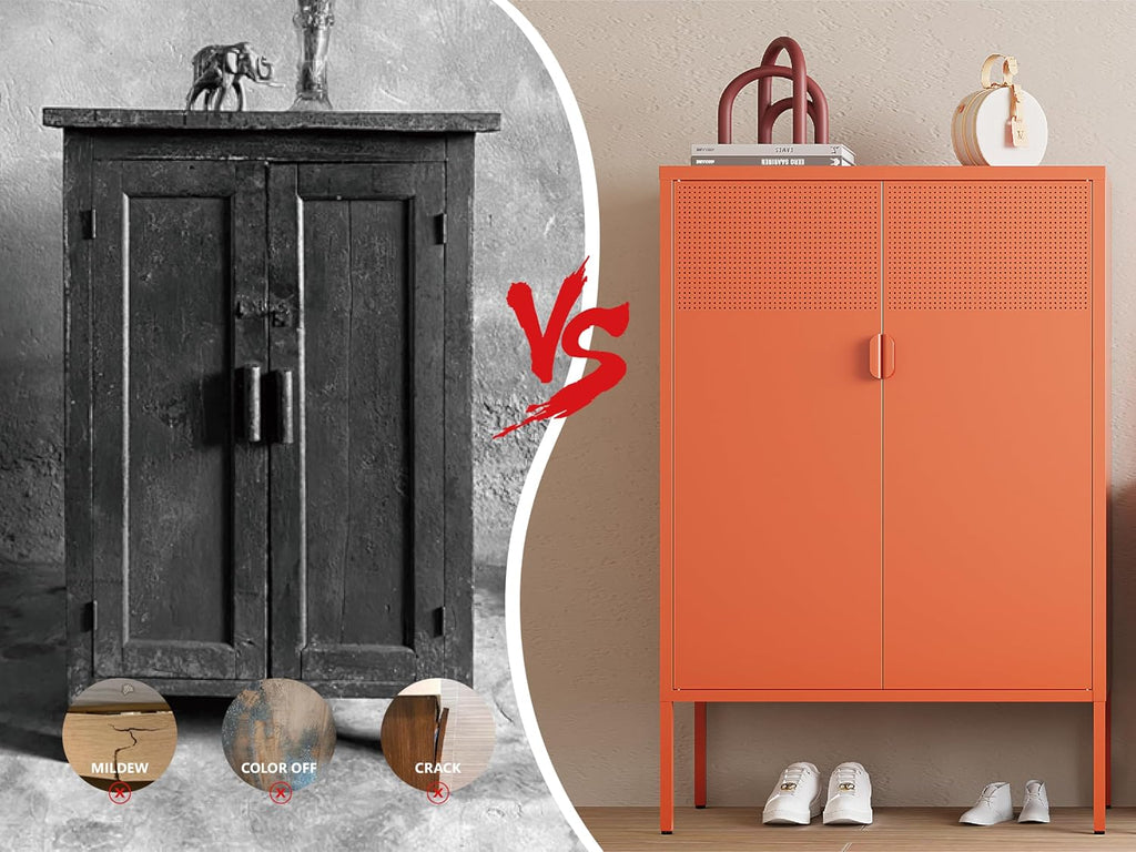 Orange Metal Storage Cabinet,2 Door TV Stand, Metal Mesh Accent Cabinet,Magnetic Door Closure,Low Storage Cabinets with Doors and Shelf for Home,Office,Living Room