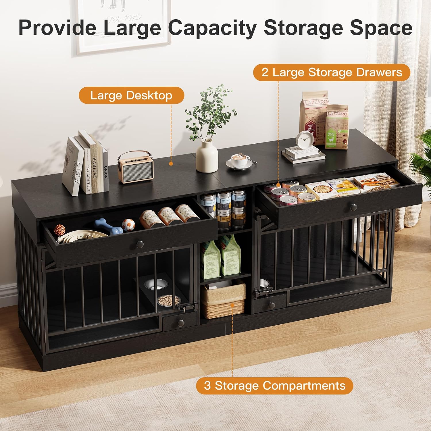 Garvee Dog Crate Furniture for 2 Dogs, Dog Kennel Indoor with Storage and Feeding Bowls, Double Dog Crate TV Stand for Small Medium Dogs, Black