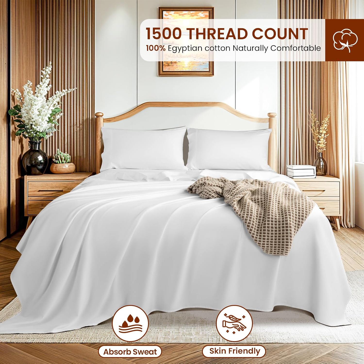 LBRO2M 1500 Thread Count Egyptian Cotton Queen Size Sheet Set (4 Piece, White, Modern Style, Deep Pocket, Fully Elasticized)