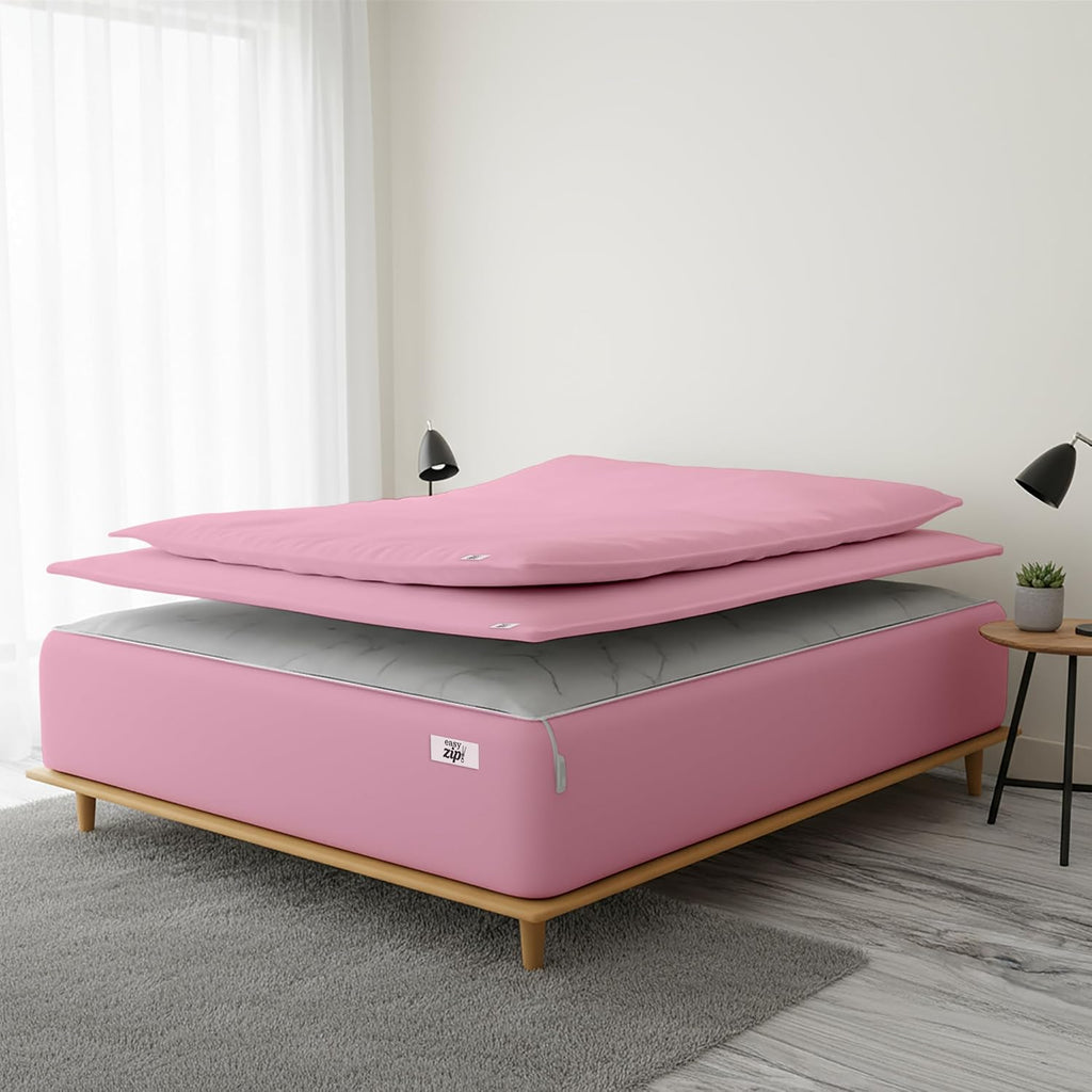 COTTON STICH 600 TC Zipper Fitted Sheet, 100% Egyptian Cotton, 18' Deep Pocket, Easy Zip Change, All-Around Secure Fit - Queen Size Bed - Baby Pink