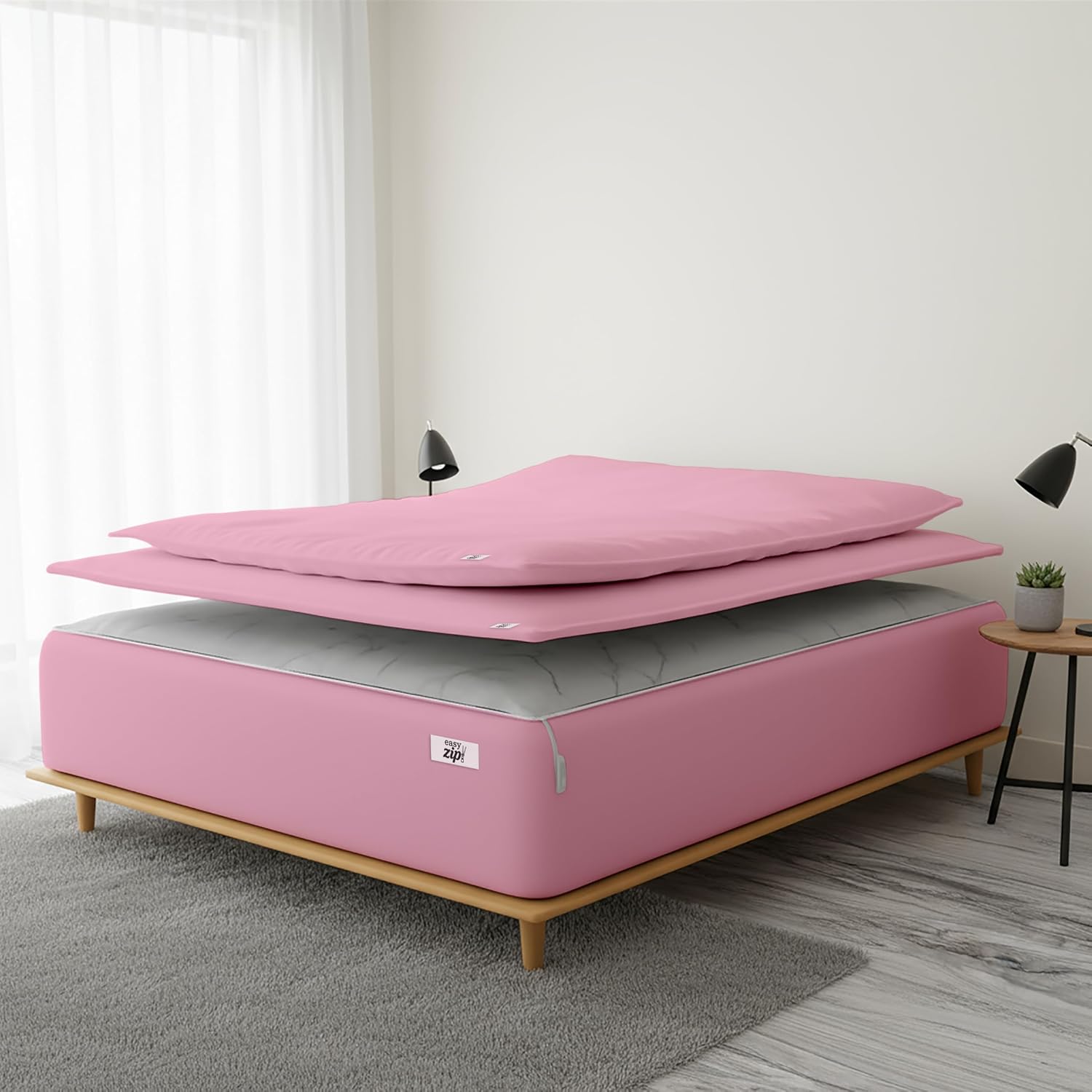COTTON STICH 600 TC Zipper Fitted Sheet, 100% Egyptian Cotton, 18' Deep Pocket, Easy Zip Change, All-Around Secure Fit - Queen Size Bed - Baby Pink