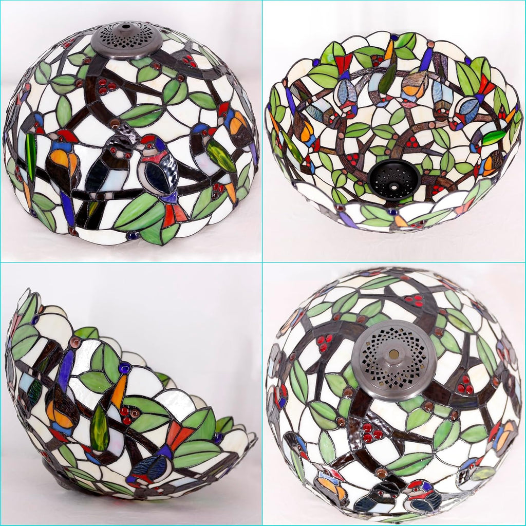 Large Tiffany Lamp Shade Replacement Only 16Inch Stained Glass Lampshade Fit For Table Lamps FLoor Lamp Ceiling Fixture Pendant Hanging Light Home Office Decoration (Double Birds Amber)