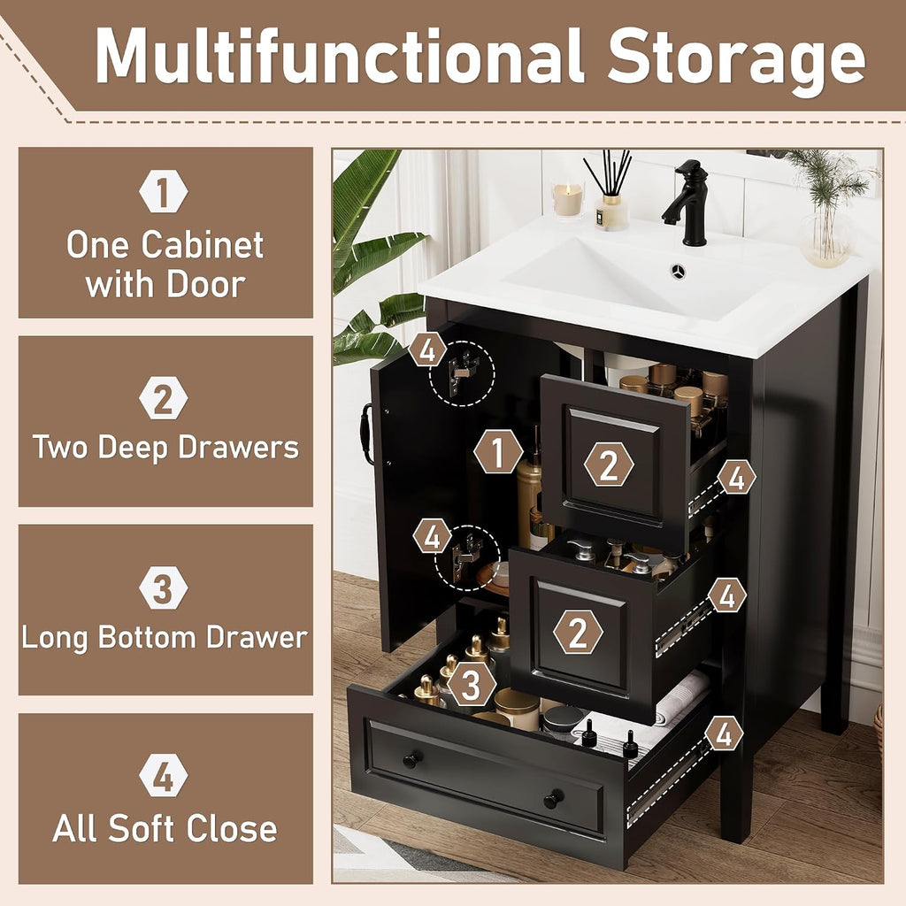 Harper & Bright Designs 24' Bathroom Vanity with Sink, Free Standing Single Vanity Set with 3 Drawers and One Door, Solid Wood Storage Cabinet with Ceramic Basin for Bathroom, Black