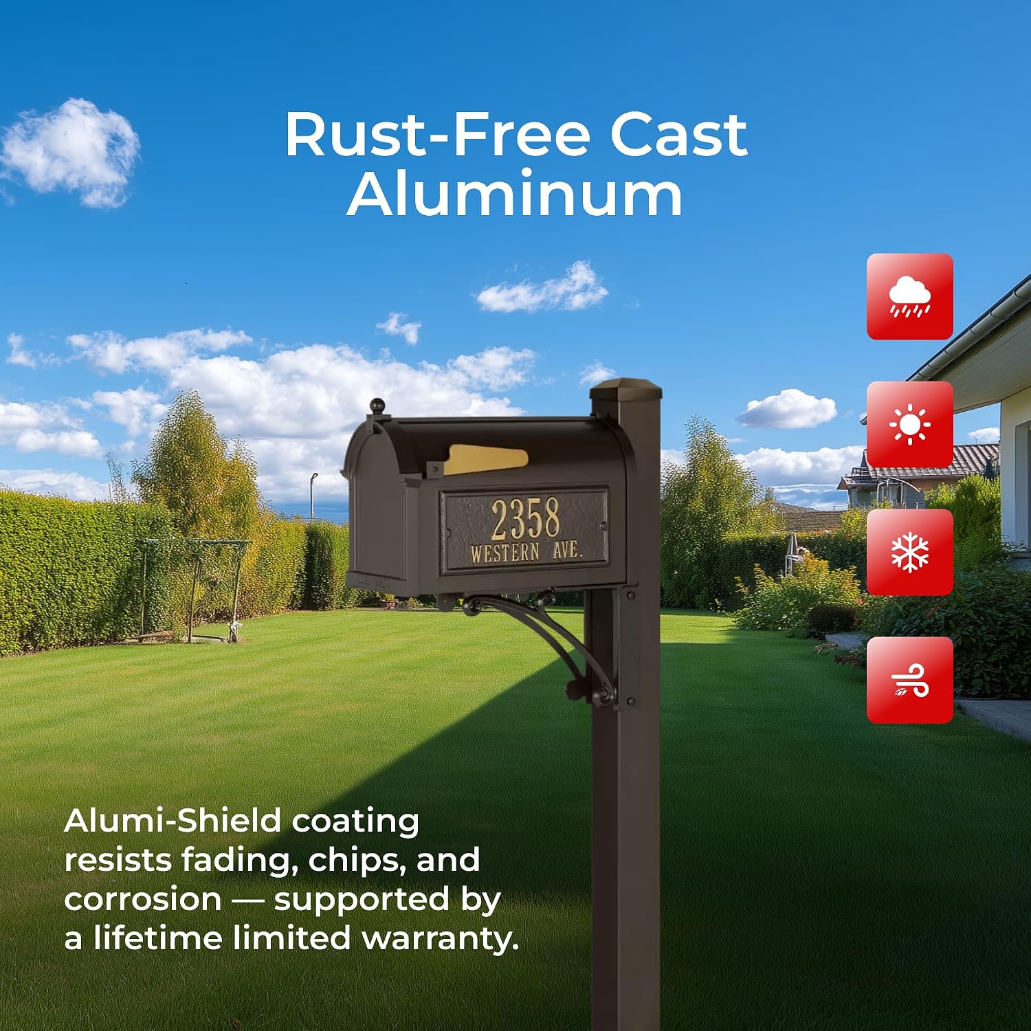 Superior Mailbox Package by Whitehall Bronze Large Cast Aluminum Mailbox with Decorative Post & Custom Address Side Plaques Weather Resistant Streetside Outdoor Mailbox System - Made in USA