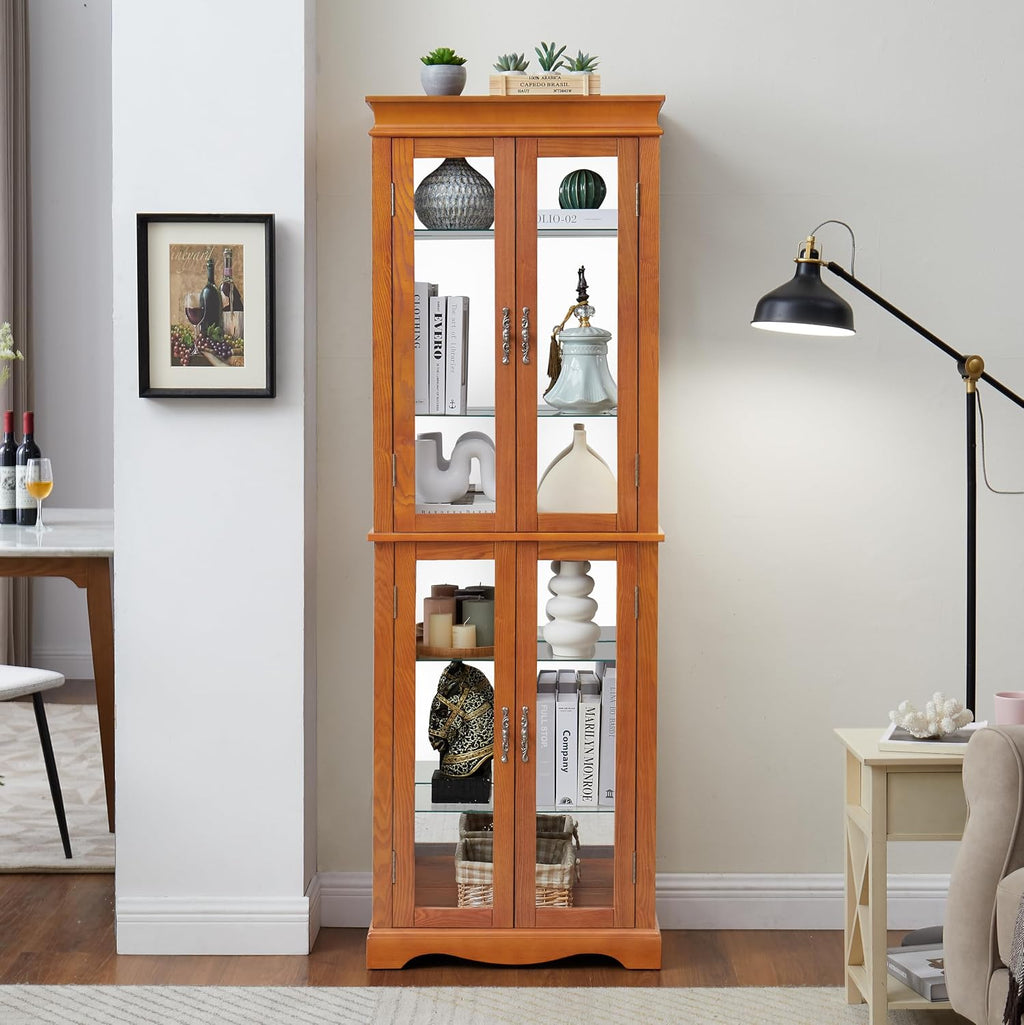 70' H Lighted Curio Cabinet Display Case, Glass Curio Cabinets with Adjustable Shelves and Tempered Glass Door, Wooden Cabinet w/Mirrored Back Pane for Living Room (Oak)