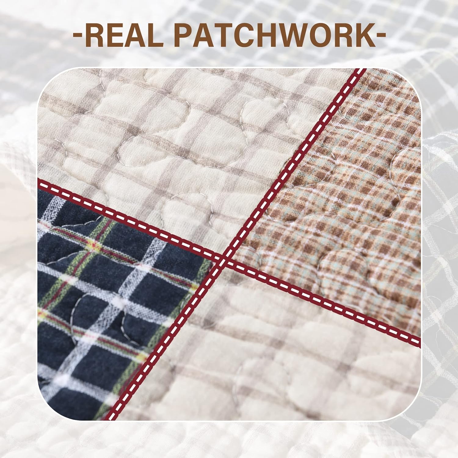 SahSahCasa Quilt King Size, King Quilt Set, 100% Cotton King Quilt Bedding Set Bedspread, Patchwork Farmhouse Quilt, Plaid Lightweight Rustic Quilts Comforter for King Bed, Beige, for All Season