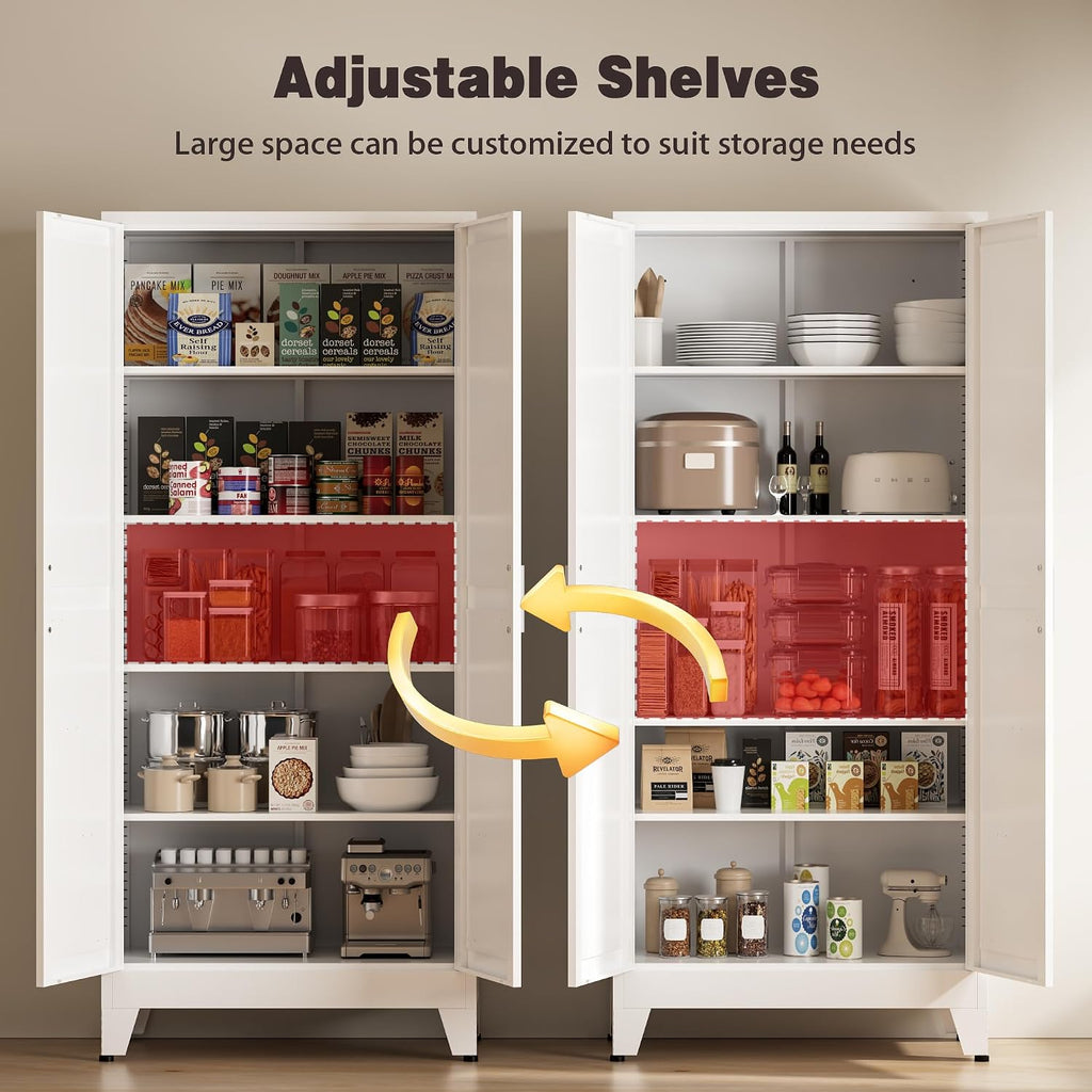 71' Tall Metal Kitchen Pantry Cabinet, Kitchen Storage Cabinets, Steel Cupboard with 2Doors and 4 Adjustable Shelves for Dining Room, Bathroom, Living Room