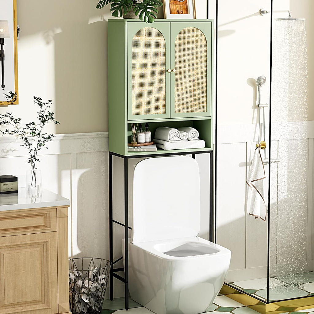 VINGLI Over The Toilet Storage Cabinet, Sage Green Rattan Bathroom Organizer Over Toilet with Adjustable Shelf, Freestanding Space Saver Stand with Soft-Close Doors for Restroom Laundry, Boho Modern