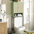 VINGLI Over The Toilet Storage Cabinet, Sage Green Rattan Bathroom Organizer Over Toilet with Adjustable Shelf, Freestanding Space Saver Stand with Soft-Close Doors for Restroom Laundry, Boho Modern