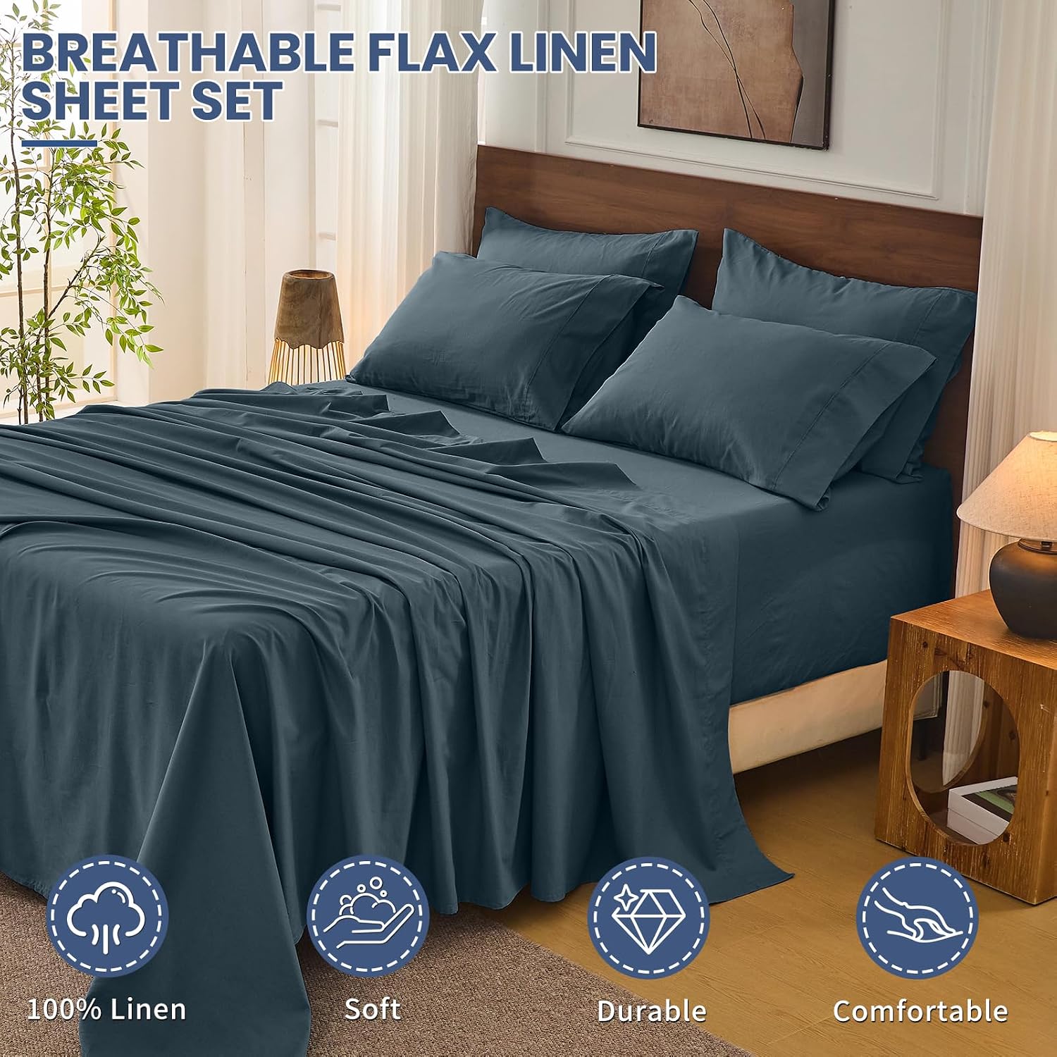 Bedlifes 100% French Linen Sheets Queen Size 18-24'Extra Deep Pocket 4-Piece Set Breathable & Moisture-Wicking,Soft & Durable Sheets for Thick Mattresses(Cool Gray)