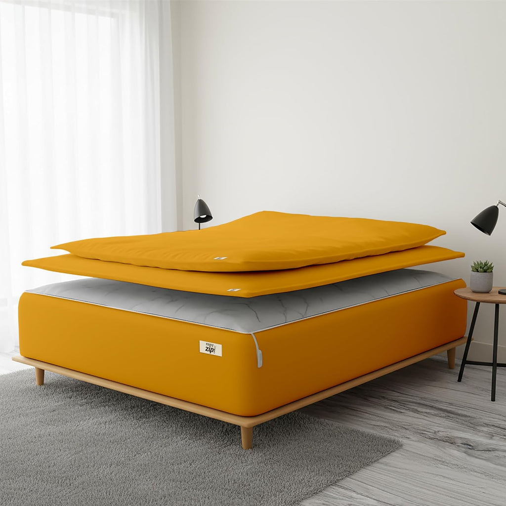 COTTON STICH 600 TC Zipper Fitted Sheet, 100% Egyptian Cotton, 18' Deep Pocket, Easy Zip Change, All-Around Secure Fit - Queen Size Bed - Gold Yellow