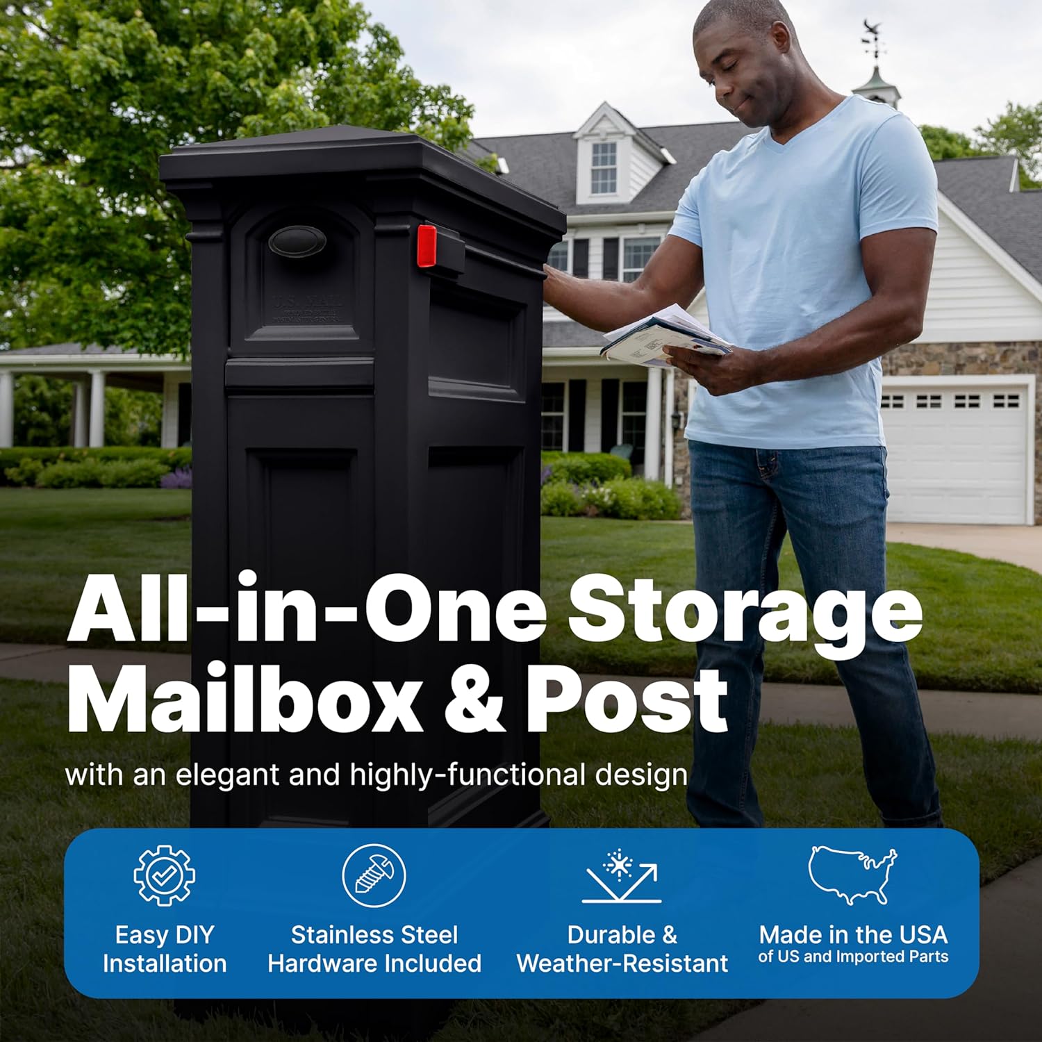 Step2 Atherton Reserve Storage Mailbox & Post, Extra Storage, Weather Resistant, Large Outdoor Mailboxes, Made of Durable Plastic, Easy to Install, Flag Included, Onyx Black