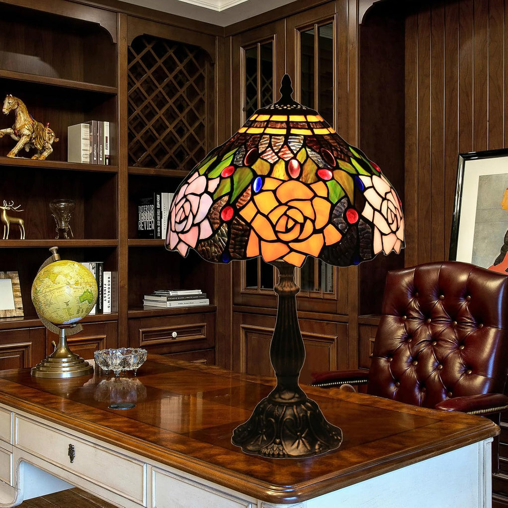 Tiffany Style Table Lamp, 12 Inch Stained Glass Lamp, Antique Table Lamp, Bedside Lamp, for Nightstand Bedroom Living Room Home Office, Rose Flower Pattern, Include LED Bulb