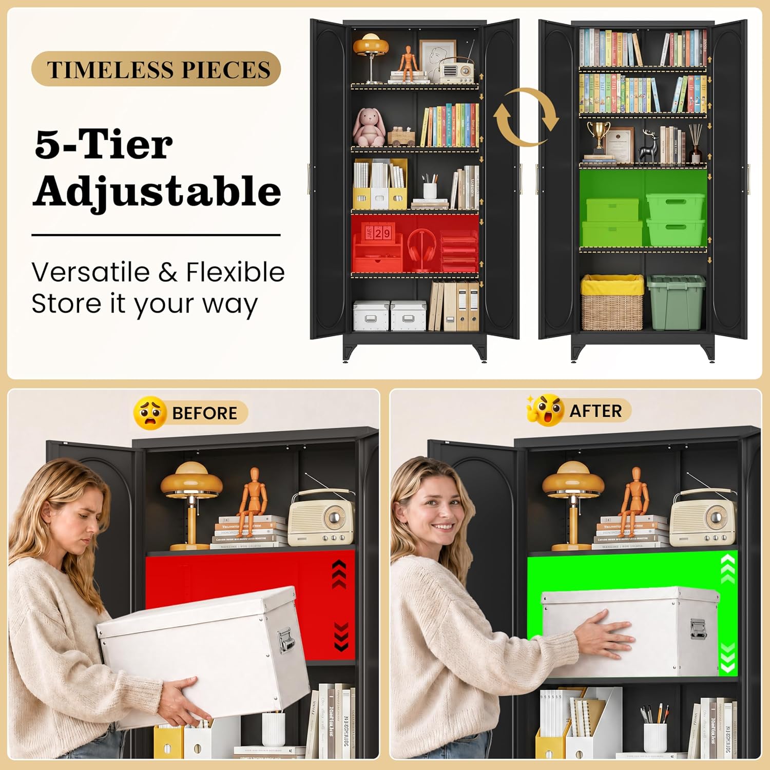 75' Tall Metal Storage Cabinet with 2 Doors and 4 Adjustable Shelves, 32'W x 16'D Heavy Duty Steel Pantry Cabinet for Kitchen, Garage, Home Office and Laundry Room, Cold-Rolled Steel, Black