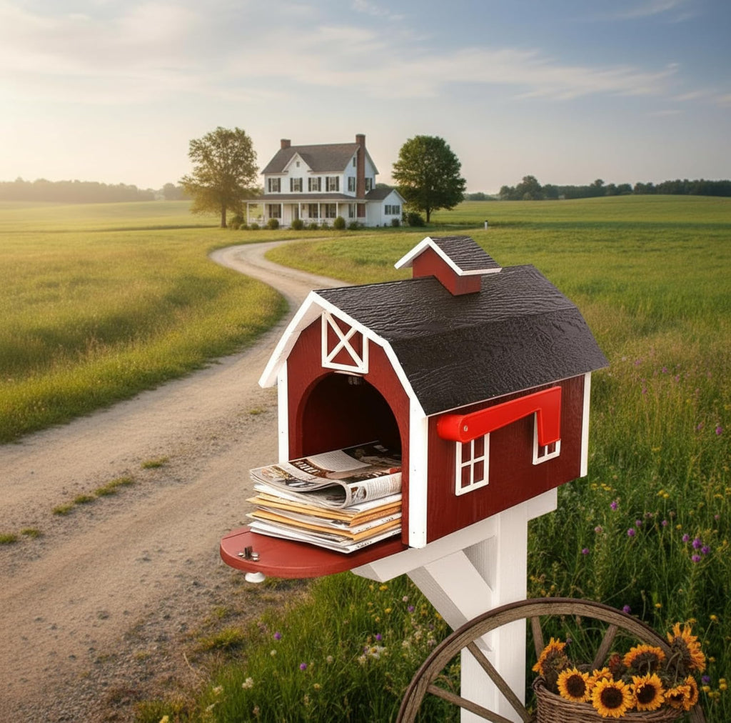 Deluxe Wooden Mailbox, Dutch Barn Style (Red with White Trim)