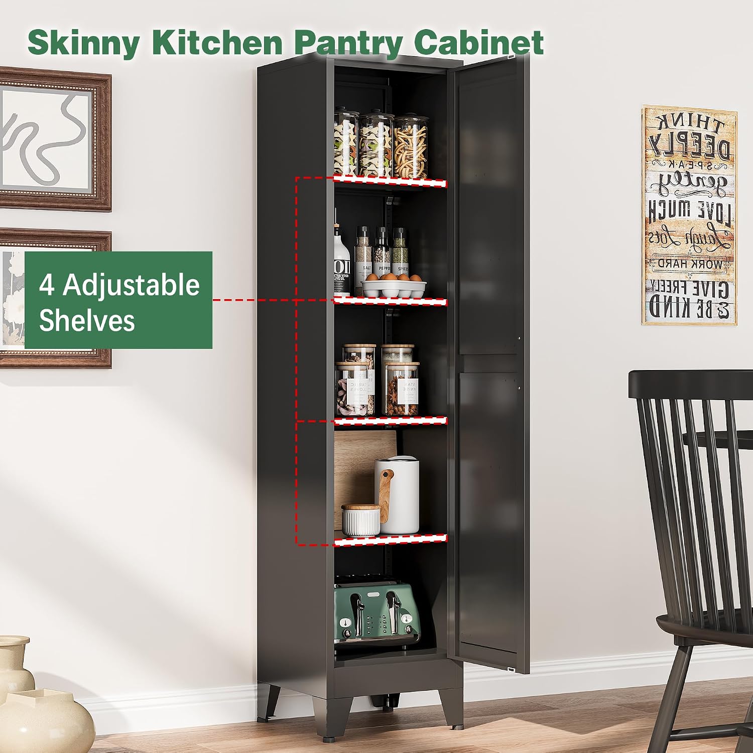 Bevivog Tall Narrow Storage Cabinet, 67' Single Door Metal Storage Locker Cabinet, Freestanding Tall Kitchen Pantry Cabinets for Small Space