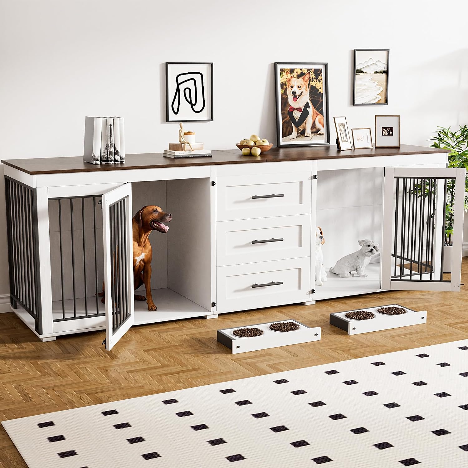 Rophefx 94.5' Dog Crate Furniture for 2 Dogs, Large Dog Kennel Furniture with 3 Storage Drawer, Wooden Dog Cage with 4 Bowls, Indoor Dog House TV Stand with Locks for Large Medium Dog, White