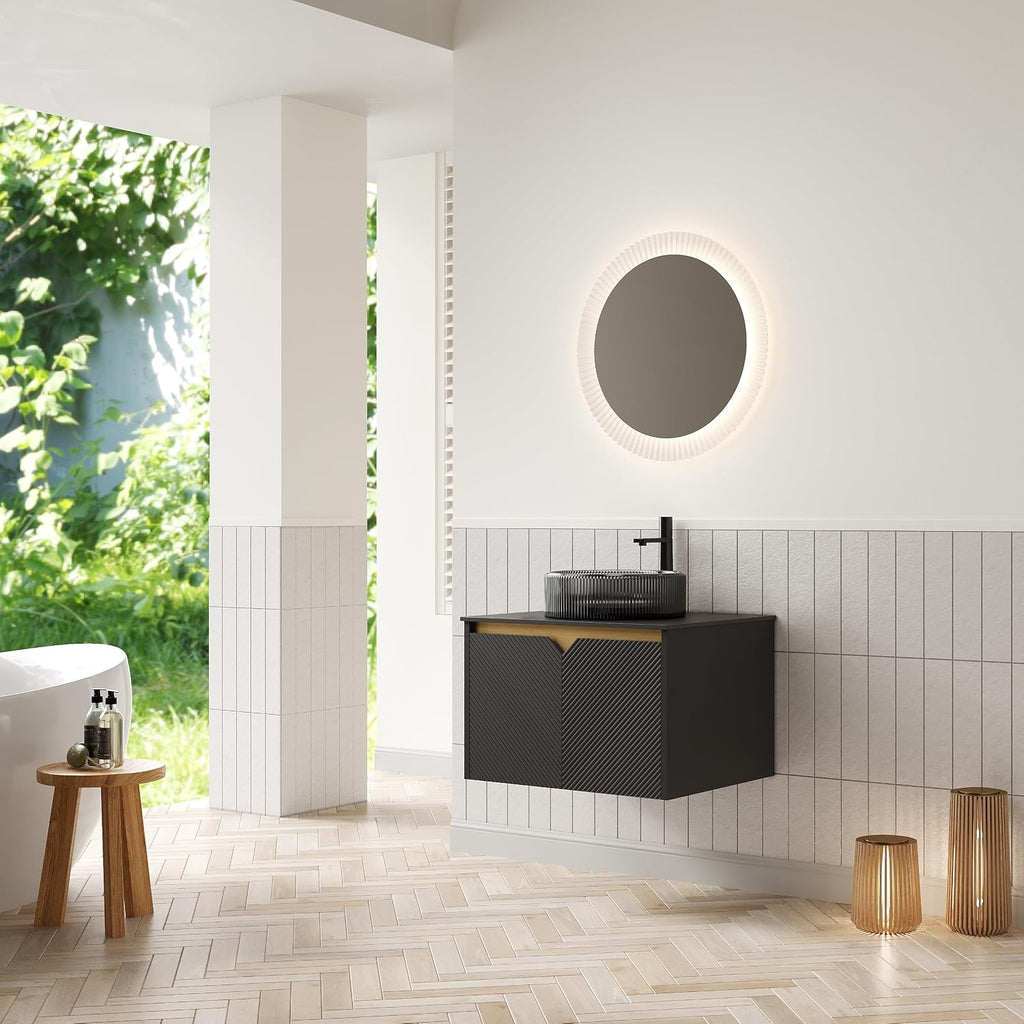 24 Inch Bathroom Vanity with Sink, Floating Fluted Vanity with Vessel Sink, Small Wall Mounted Bathroom Vanity Cabinet with 2 Doors, Glass Sink & Sintered Stone Top, Black