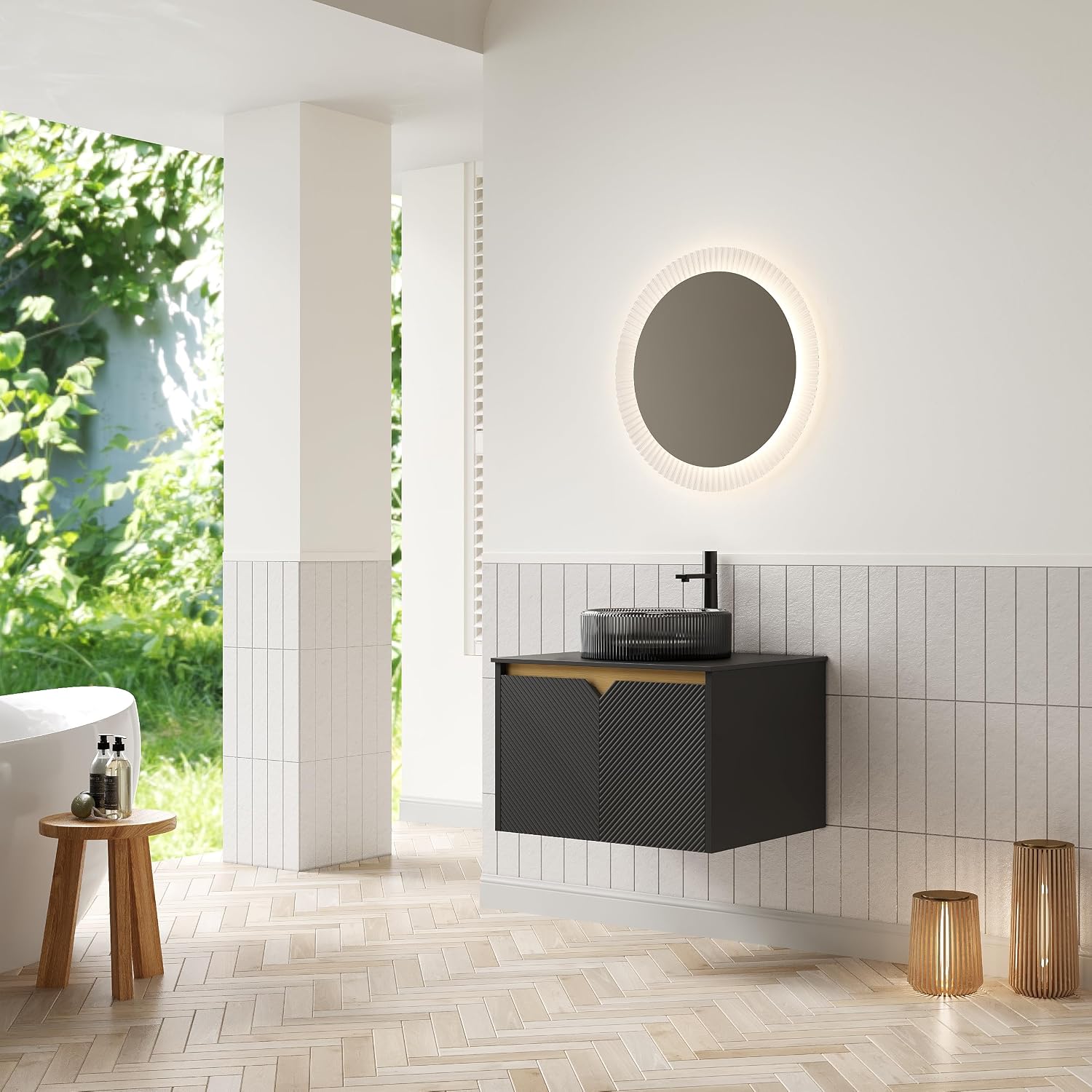 24 Inch Bathroom Vanity with Sink, Floating Fluted Vanity with Vessel Sink, Small Wall Mounted Bathroom Vanity Cabinet with 2 Doors, Glass Sink & Sintered Stone Top, Black