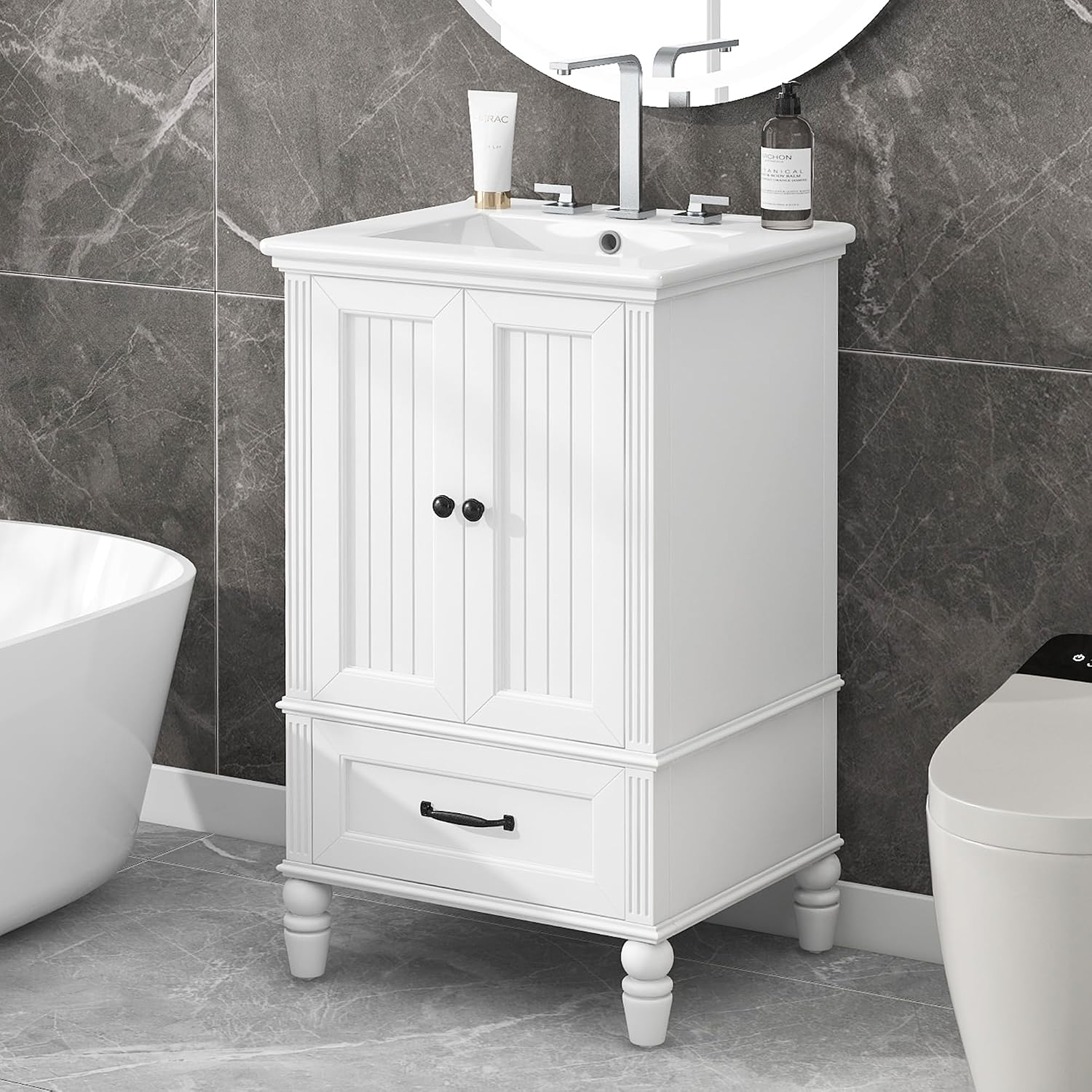 20' Bathroom Vanity With Sink Farmhouse MDF Fixture Stand Pedestal Bathroom Cabinet With Two Doors & A Drawer Magnetic Door Stopper Adiustable Foot Pads Freestanding Storage Cabinet For Bathroom White