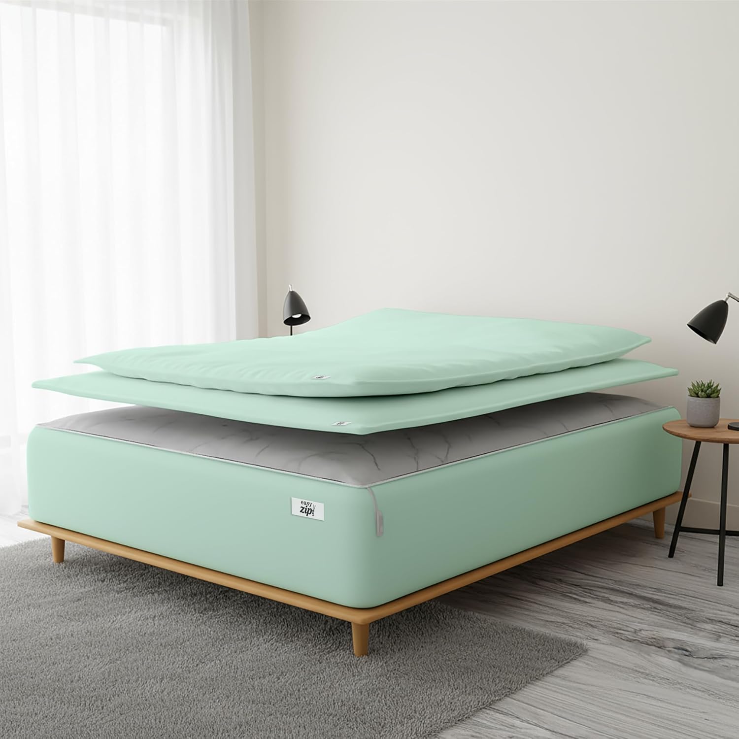 COTTON STICH 600 TC Zipper Fitted Sheet, 100% Egyptian Cotton, 18' Deep Pocket, Easy Zip Change, All-Around Secure Fit - Queen Size Bed - Apple Green