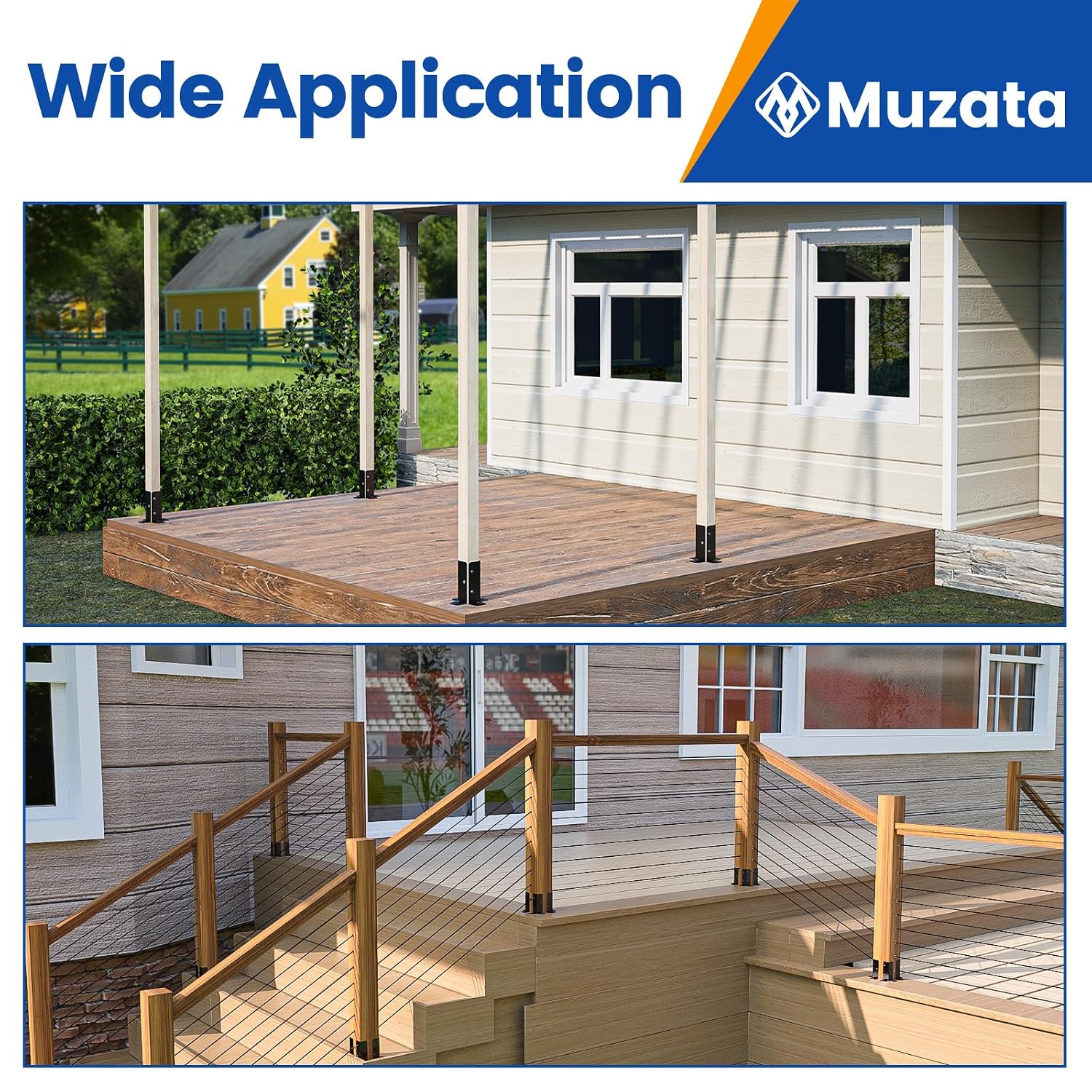 Muzata 4Pack Adjustable Post Base Brackets Deck Post Anchor Fit for Deck Railing Mailbox WT32 Bundle with 50Pack 32' Aluminum Deck Balusters Square Black for Wood and Composite Deck WT26