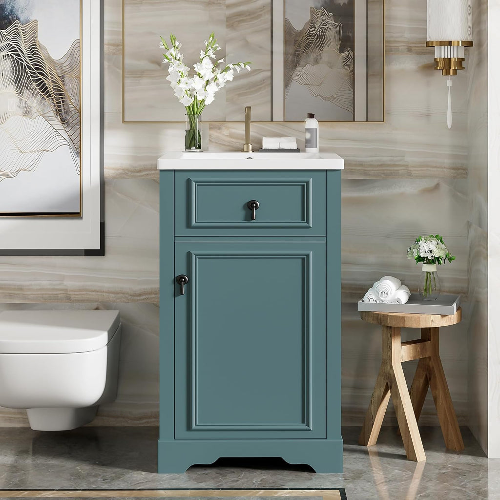 20 Inch Blue Green Bathroom Vanity with Ceramic Sink and Adjustable Shelf, Modern Bathroom Cabinet with Over Door Storage Rack and Soft Close Door
