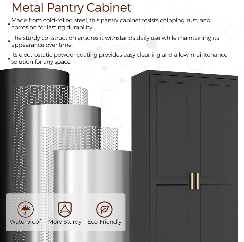 71' Tall Metal Pantry Cabinet, Black Kitchen Pantry Storage Cabinet with 4 Adjustable Shelves and Gold Handles, Cupboard for Kitchen, Dining Room, Living Room, Bathroom