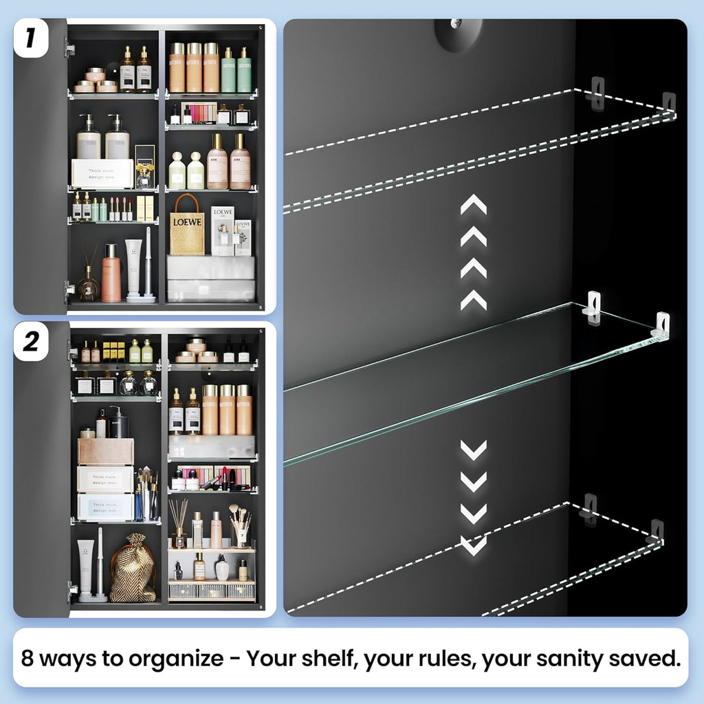 Modern Bathroom Mirror with Storage 16x24 Inch, Matte Black Aluminum Medicine Cabinet, Recessed or Surface Mount, 6 Adjustable Glass Shelves, Waterproof Vanity Organizer, DTC Hinges