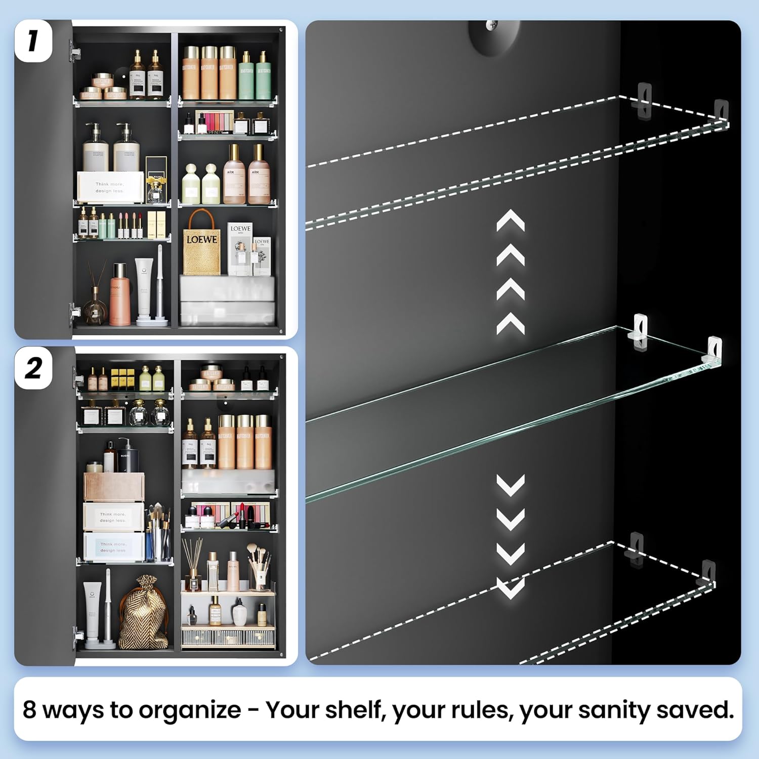Modern Bathroom Mirror with Storage 16x24 Inch, Matte Black Aluminum Medicine Cabinet, Recessed or Surface Mount, 6 Adjustable Glass Shelves, Waterproof Vanity Organizer, DTC Hinges