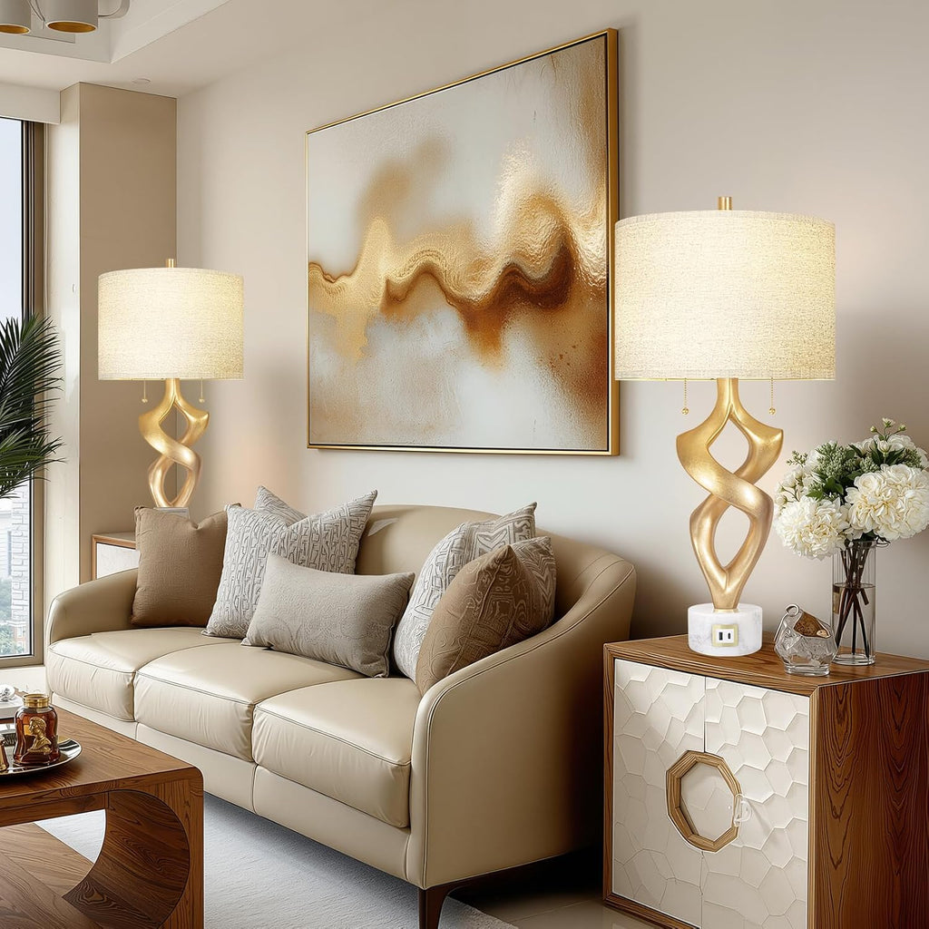 Scenekoy Sculptural Resin Table Lamp Set of 2 with USB Ports for Bedroom Living Room, 31' Big Gold Leaf Marble Base Bedside Lamps, Pull Chains Switch Modern Nightstand Lamp for Home Room Decor