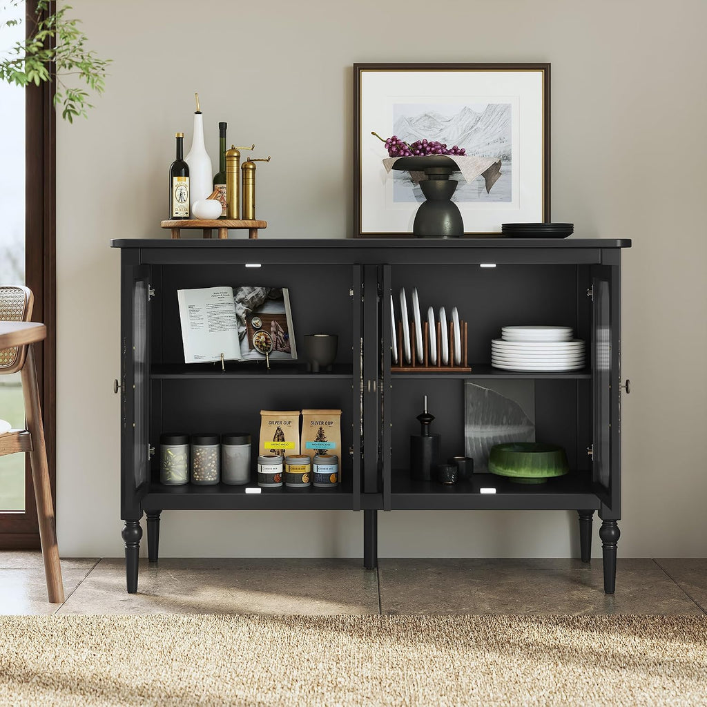 Vintage Buffet Sideboard with 4 Glass Doors, 48' Mid Century Style Storage Cabinet with Shelves, Deractive Crezada, Black Accent Cabinet for Living Room, Kitchen