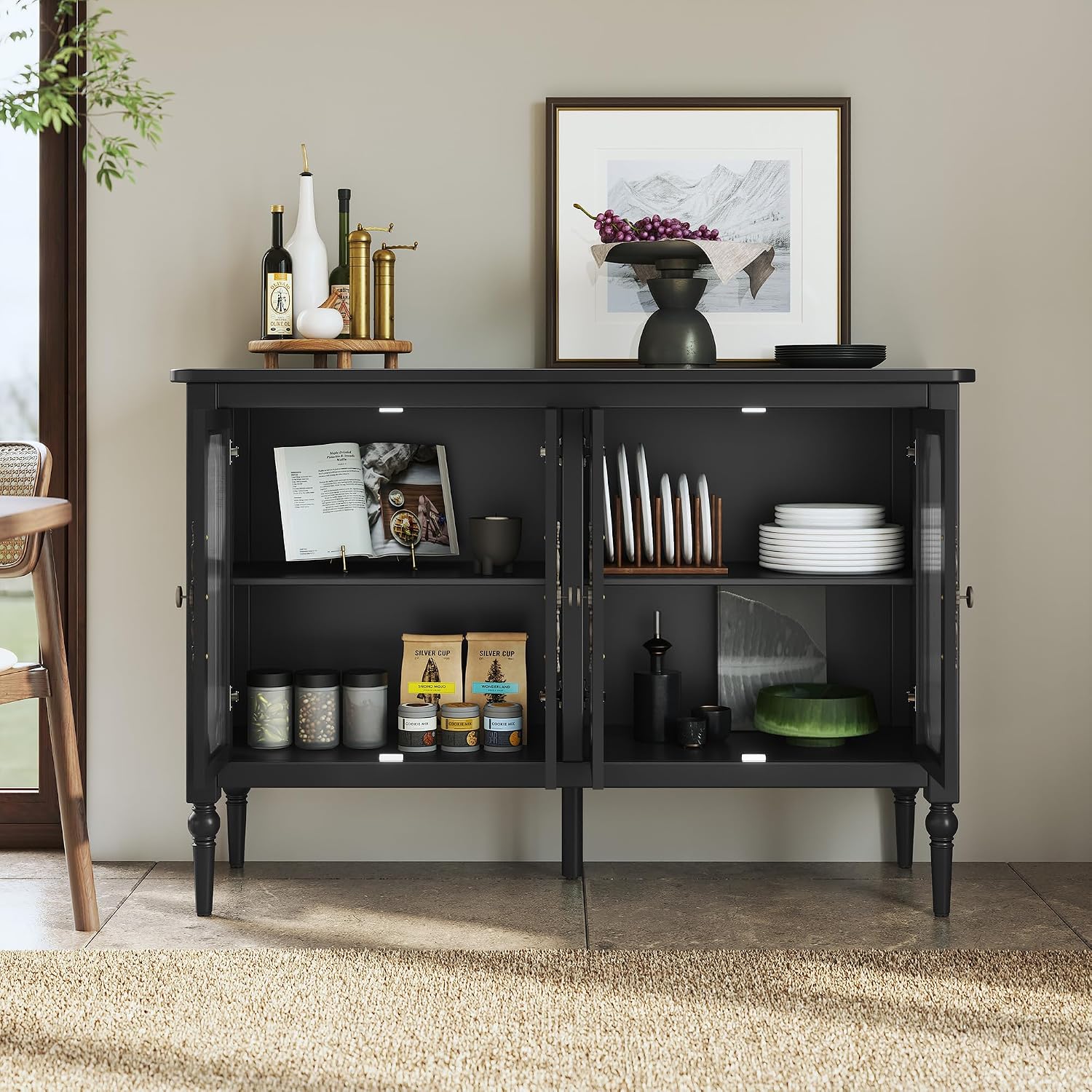 Vintage Buffet Sideboard with 4 Glass Doors, 48' Mid Century Style Storage Cabinet with Shelves, Deractive Crezada, Black Accent Cabinet for Living Room, Kitchen