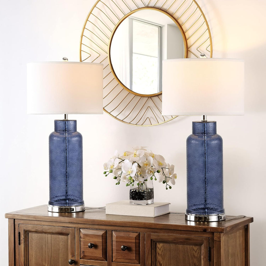 SAFAVIEH Lighting Collection – Set of 2 Glass Bottle Blue 30-Inch Table Lamps, LED Bulbs Included, Coastal Bedroom Living Room Home Office (LIT4157C-SET2)