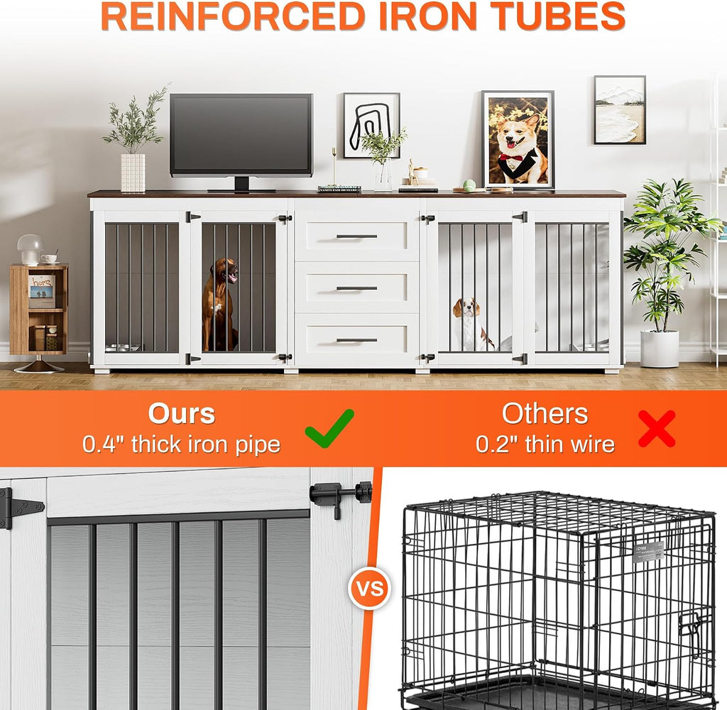 Rophefx 94.5' Dog Crate Furniture for 2 Dogs, Large Dog Kennel Furniture with 3 Storage Drawer, Wooden Dog Cage with 4 Bowls, Indoor Dog House TV Stand with Locks for Large Medium Dog, White