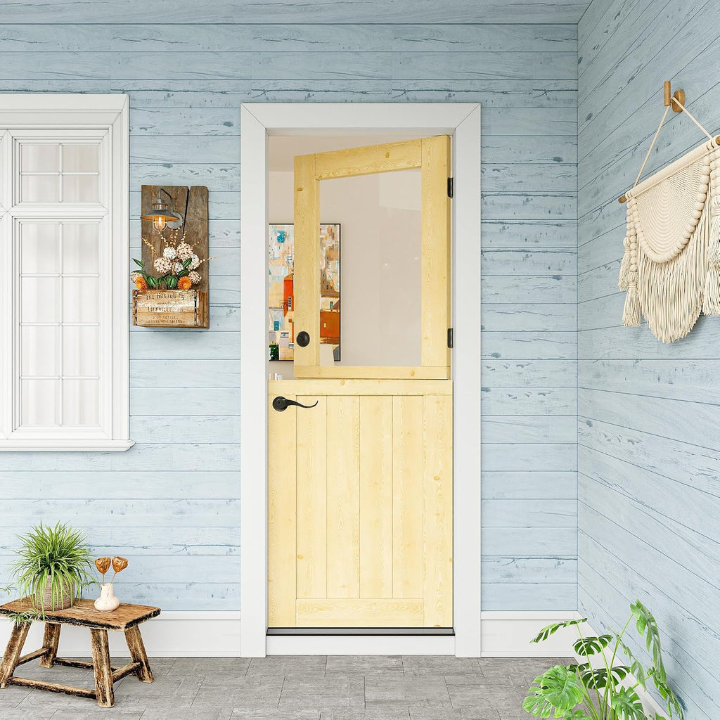 30' x 80' Exterior Dutch Entry Door (Front/Outside) - 1.75' Solid Pine with 1-Lite Glass, Half Panel,Interior Doors Slab for Home Entryway/Back w/4 Hinges+1 Latch +1 Slab+1 Lock Set