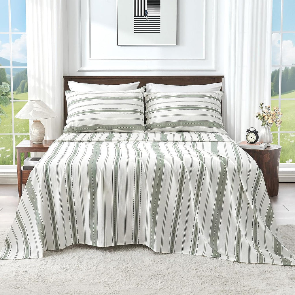 100% Linen Sheets Queen Size,Breathable & Durable 4-Piece Bed Flax Stripes Sheet Set,Soft All-Season Bedding for Hot Sleepers 16' Deep Pocket Oeko-TEX Certified,（Queen, Green Stripes）