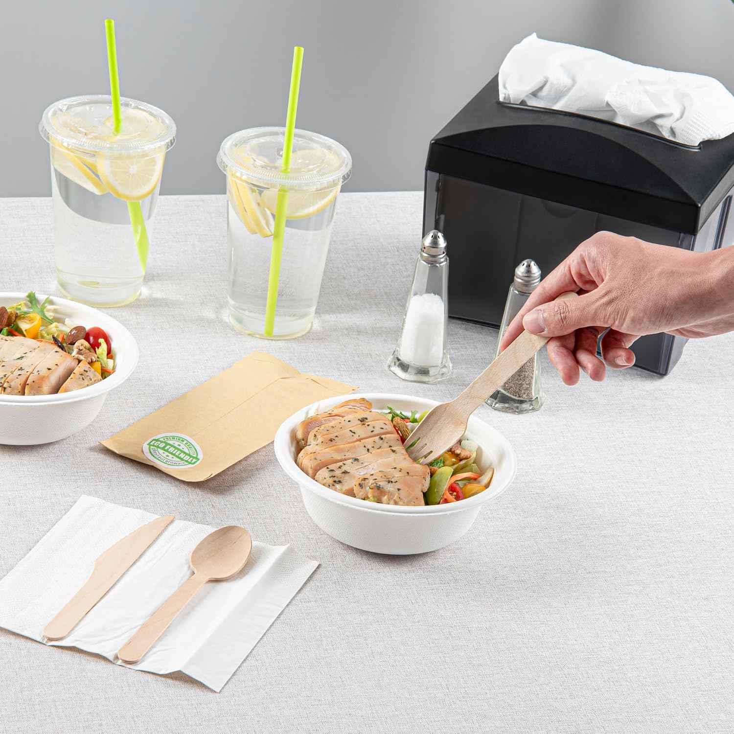 Restaurantware Eco Luxe 7 x 3.5 Inch Wooden Cutlery Set 100 Disposable Take Out Utensils - Includes White Napkin Prepackaged Birch Wood Utensil Sets Sustainable For Parties Or Picnics