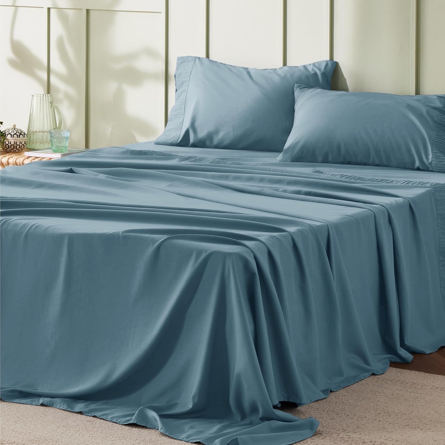 Olympic Queen Size Sheet Set, 1000 Thread Count Egyptian Cotton Sheets, Luxury Fits 6-9' Deep Pocket, Sateen, Hotel-Quality Sheet Set (Solid, Medium Blue)