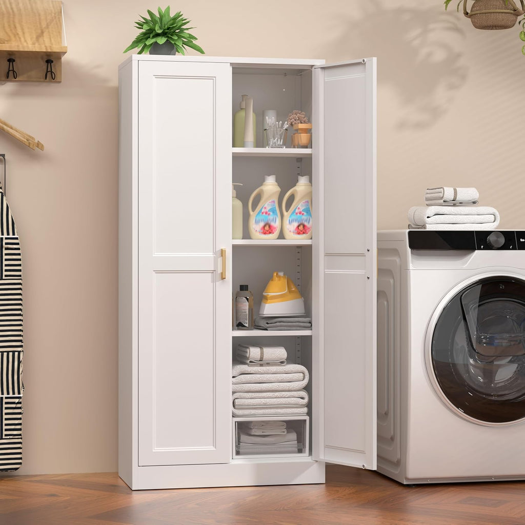 60' Tall Metal Pantry Cabinet, White Kitchen Pantry Storage Cabinet with 3 Adjustable Shelves and Gold Handles, Cupboard for Kitchen, Dining Room, Living Room, Bathroom