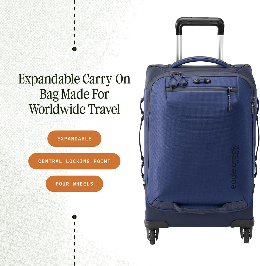 Eagle Creek Expanse 4-Wheel 22' Carry-On Luggage - Rolling Four-Wheel Carry-On Luggage for Easy Travel - Lockable Zippers - Expandable Main Compartment - Telescoping Handles - Pilot Blue
