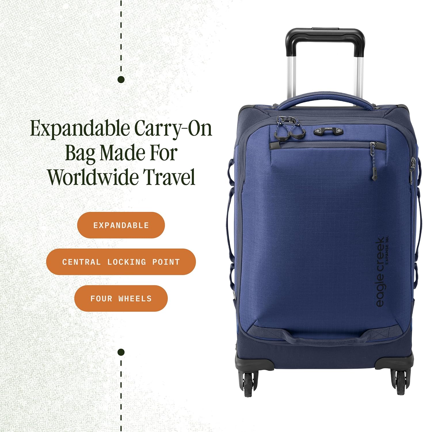 Eagle Creek Expanse 4-Wheel 22' Carry-On Luggage - Rolling Four-Wheel Carry-On Luggage for Easy Travel - Lockable Zippers - Expandable Main Compartment - Telescoping Handles - Pilot Blue