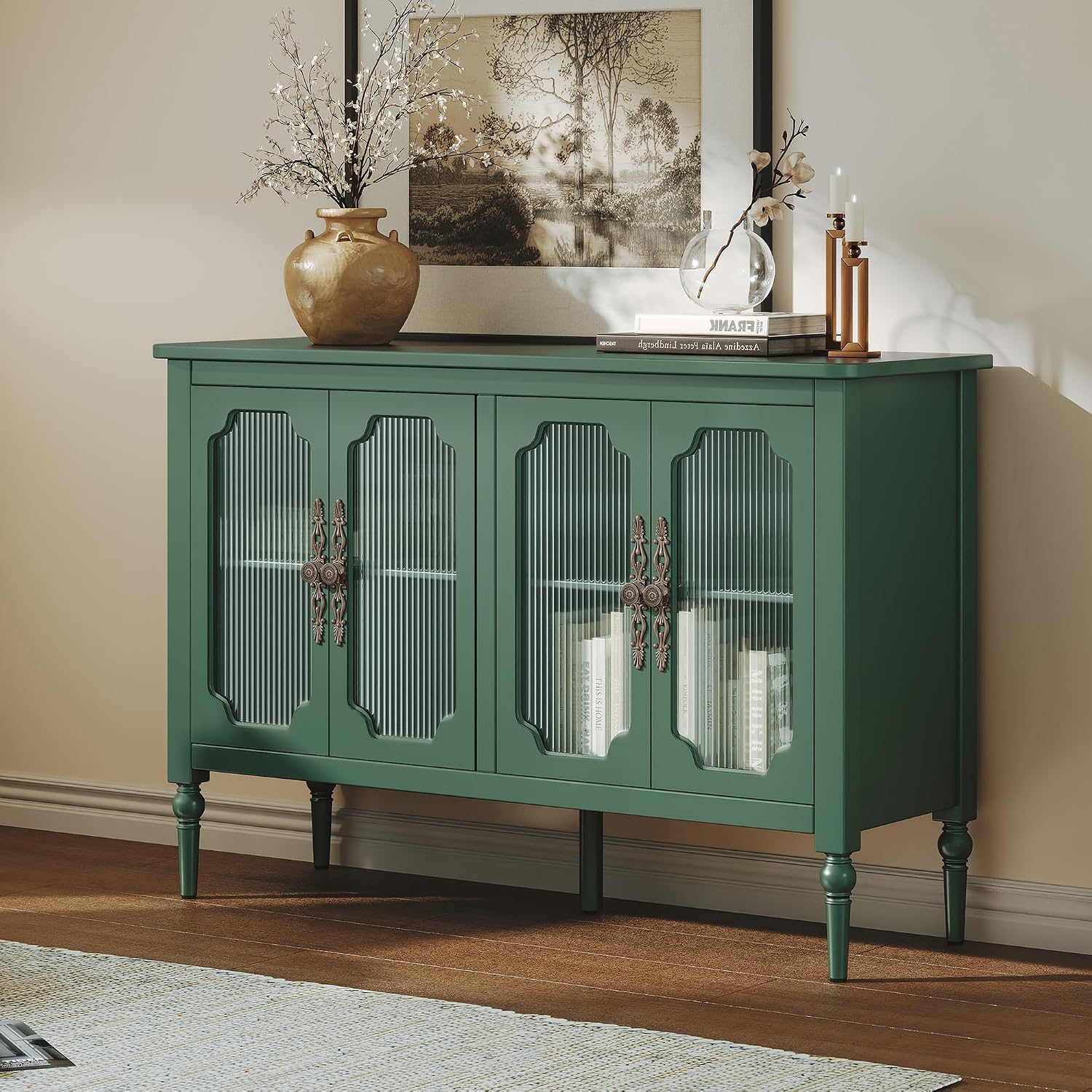 Vintage Buffet Sideboard with 4 Glass Doors, 48' Mid Century Style Storage Cabinet with Shelves, Deractive Crezada, Green Accent Cabinet for Living Room, Kitchen