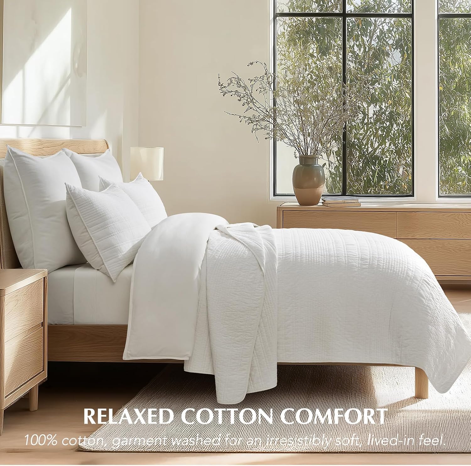 EVERGRACEHOME 100% Cotton Modern Lines Quilt Set Oversized King, Pre-Washed Soft Striped Coverlet Bedspread, 3 Piece Lightweight Bedding Set for All Season, with 2 Pillow Shams, Bright White