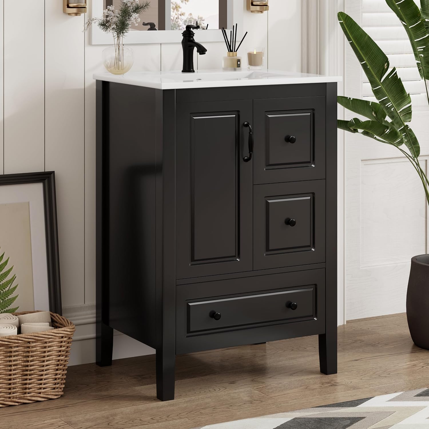 Harper & Bright Designs 24' Bathroom Vanity with Sink, Free Standing Single Vanity Set with 3 Drawers and One Door, Solid Wood Storage Cabinet with Ceramic Basin for Bathroom, Black