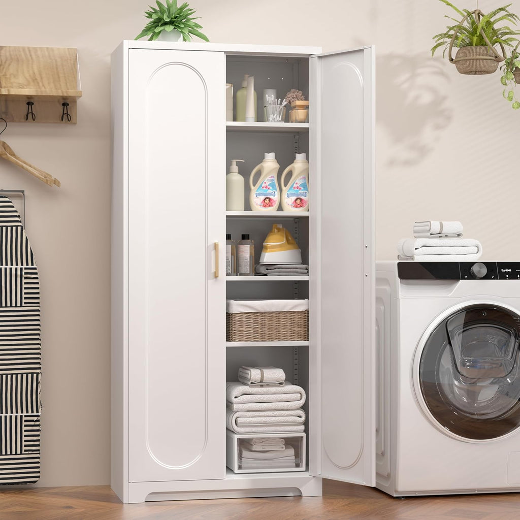 71' White Pantry Cabinet with Doors, Tall Metal Kitchen Pantry Storage Cabinet with 4 Adjustable Shelves and Gold Handles, Cupboard for Laundry, Dining Room, Living Room, Bathroom