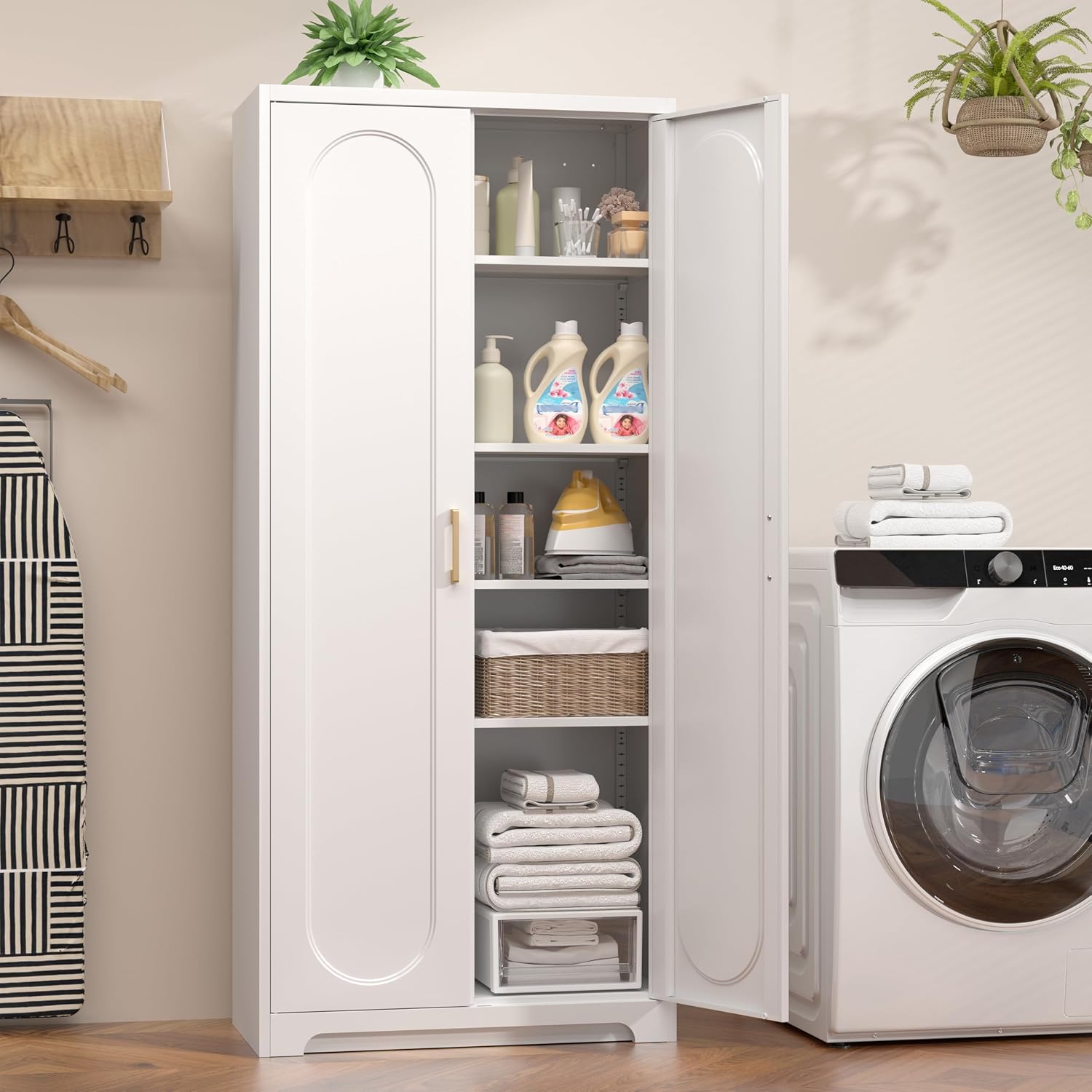 71' White Pantry Cabinet with Doors, Tall Metal Kitchen Pantry Storage Cabinet with 4 Adjustable Shelves and Gold Handles, Cupboard for Laundry, Dining Room, Living Room, Bathroom